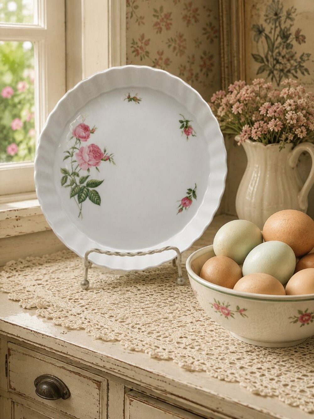 Vintage Christineholm Pink Rose Quiche or Pie Plate 9.75" Scalloped Floral Baker